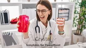  Presentation with denture - PPT theme having young-caucasian-dentist-woman-holding background and a soft green colored foreground