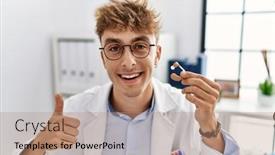  Presentation with aid - Slides enhanced with young-caucasian-doctor-man-holding background and a coral colored foreground