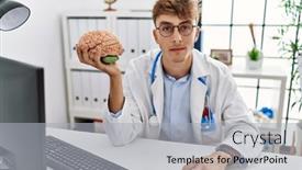  Presentation with brain thinking - Slide set consisting of young-caucasian-doctor-man-wearing background and a light gray colored foreground