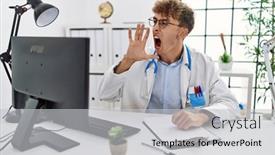  Presentation with working - PPT theme having young-caucasian-doctor-man-working background and a light gray colored foreground