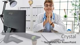  Presentation with working together - PPT theme with young-caucasian-doctor-man-working background and a  colored foreground