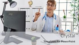  Presentation with working - PPT theme with young-caucasian-doctor-man-working background and a light gray colored foreground