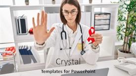  Presentation with defense - Slide deck with young-caucasian-doctor-woman-holding background and a soft green colored foreground