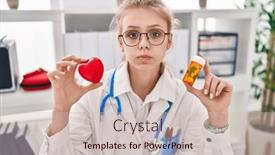  Presentation with puffing - Presentation design with young-caucasian-doctor-woman-holding background and a soft green colored foreground