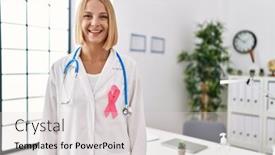  Presentation with pink ribbon - PPT theme enhanced with young-caucasian-doctor-woman-wearing background and a  colored foreground