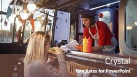  Presentation with food service - Amazing PPT theme having young-caucasian-female-customer-eating backdrop and a violet colored foreground