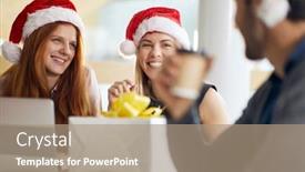  Presentation with females - Presentation design consisting of young-caucasian-females-wearing-santa background and a coral colored foreground