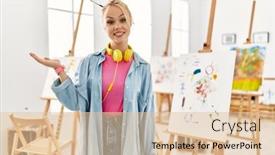  Presentation with hand palm - Slides featuring young-caucasian-girl-at-art background and a  colored foreground