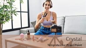  Presentation with iron - Presentation theme having young-caucasian-girl-making-iron background and a coral colored foreground