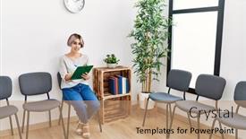  Presentation with waiting room - PPT theme consisting of young-caucasian-girl-smiling-happy background and a coral colored foreground