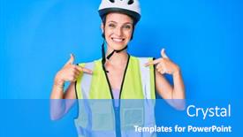  Presentation with bike - Audience pleasing PPT theme consisting of young-caucasian-girl-wearing-bike backdrop and a teal colored foreground