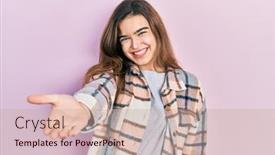  Presentation with hand palm - PPT layouts with young-caucasian-girl-wearing-casual background and a soft green colored foreground