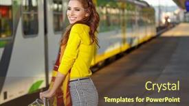  Presentation with luggage - Presentation theme having young caucasian girl with luggage at station traveling by train background and a tawny brown colored foreground