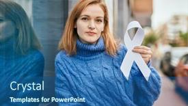  Presentation with awareness - PPT theme having young-caucasian-girl-with-serious background and a ocean colored foreground