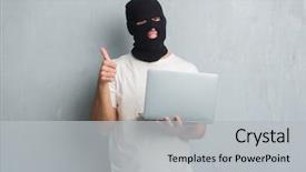  Presentation with cyber attack - Beautiful slide deck featuring young caucasian hacker man backdrop and a light gray colored foreground