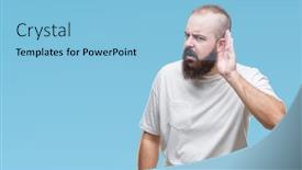  Presentation with hearing - Slides consisting of young caucasian hipster man wearing casual t-shirt over isolated background smiling with hand over ear listening an hearing to rumor or gossip deafness concept background and a light blue colored foreground