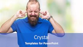  Presentation with blue music - Cool new slide deck with young caucasian hipster man wearing blue shirt over isolated background covering ears with fingers with annoyed expression for the noise of loud music deaf concept backdrop and a cobalt blue colored foreground