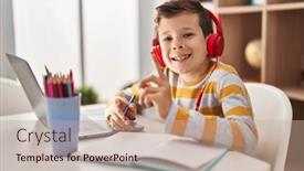  Presentation with homework - PPT theme consisting of young-caucasian-kid-doing-homework background and a coral colored foreground