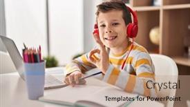  Presentation with homework - Presentation theme enhanced with young-caucasian-kid-doing-homework background and a  colored foreground
