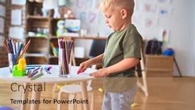  Presentation with color pencils - Amazing slides having young caucasian kid playing at kindergarten drawing with color pencils preschooler boy happy at playroom backdrop and a coral colored foreground