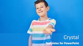  Presentation with acceptance - Slide set with young-caucasian-kid-standing-over background and a teal colored foreground