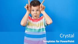  Presentation with finger - PPT theme consisting of young-caucasian-kid-standing-over and a teal colored foreground