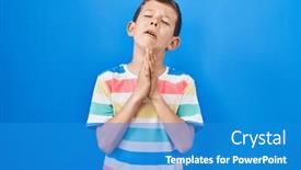  Presentation with praying hands - PPT theme consisting of young-caucasian-kid-standing-over background and a teal colored foreground