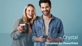  Presentation with man woman - Cool new slide deck with young-caucasian-man-and-woman backdrop and a ocean colored foreground