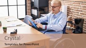  Presentation with worker - PPT theme consisting of young-caucasian-man-business-worker background and a coral colored foreground