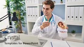  Presentation with uterus - PPT theme featuring young-caucasian-man-doctor-holding background and a light gray colored foreground