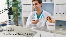  Presentation with uterus - Presentation theme having young-caucasian-man-doctor-holding background and a light gray colored foreground