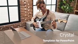  Presentation with guitar class - Slide deck having young-caucasian-man-having-online background and a coral colored foreground