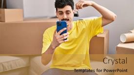  Presentation with new home - Presentation theme consisting of young-caucasian-man-having-video background and a gold colored foreground