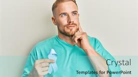  Presentation with blue ribbon - Presentation design enhanced with young-caucasian-man-holding-blue background and a seafoam green colored foreground