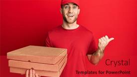  Presentation with pizza delivery - Audience pleasing presentation theme consisting of young-caucasian-man-holding-delivery backdrop and a red colored foreground