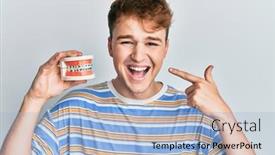  Presentation with denture - Audience pleasing slide set consisting of young-caucasian-man-holding-denture backdrop and a light blue colored foreground