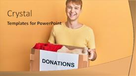  Presentation with charity - Cool new PPT layouts with young-caucasian-man-holding-donations backdrop and a yellow colored foreground