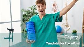  Presentation with hands holding - PPT theme consisting of young-caucasian-man-holding-foam background and a  colored foreground