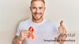  Presentation with leukemia - Presentation design featuring young-caucasian-man-holding-orange background and a coral colored foreground