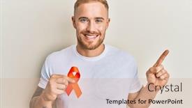 Presentation with leukemia - PPT layouts featuring young-caucasian-man-holding-orange background and a coral colored foreground