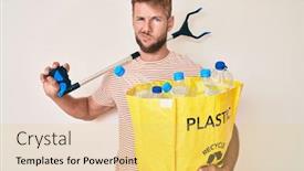  Presentation with plastic waste recycling - Beautiful PPT theme featuring young-caucasian-man-holding-recycling backdrop and a yellow colored foreground