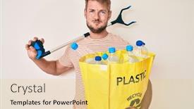  Presentation with plastic waste recycling - Presentation with young-caucasian-man-holding-recycling background and a yellow colored foreground