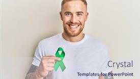  Presentation with ribbon green - Presentation design enhanced with young-caucasian-man-holding-support background and a sky blue colored foreground