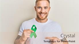  Presentation with ribbon green - Amazing PPT theme having young-caucasian-man-holding-support backdrop and a lemonade colored foreground