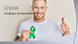  Presentation with ribbon green - Audience pleasing PPT theme consisting of young-caucasian-man-holding-support backdrop and a lemonade colored foreground