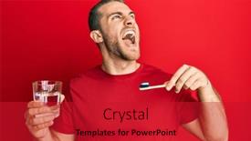  Presentation with toothpaste - Audience pleasing presentation design consisting of young-caucasian-man-holding-toothbrush backdrop and a crimson colored foreground