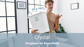  Presentation with plastic recycling - Presentation theme with young-caucasian-man-holding-wastebasket background and a light blue colored foreground
