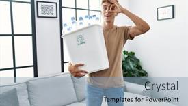  Presentation with plastic recycling - Presentation theme enhanced with young-caucasian-man-holding-wastebasket background and a light blue colored foreground