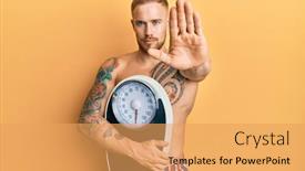  Presentation with weight loss - Slide set consisting of young-caucasian-man-holding-weight background and a yellow colored foreground