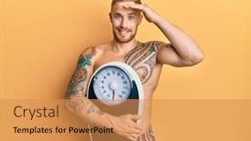  Presentation with weight loss - PPT theme featuring young-caucasian-man-holding-weight background and a gold colored foreground
